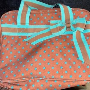 Brown new with turquoise polka dots two sided plastic zipper organizer cute